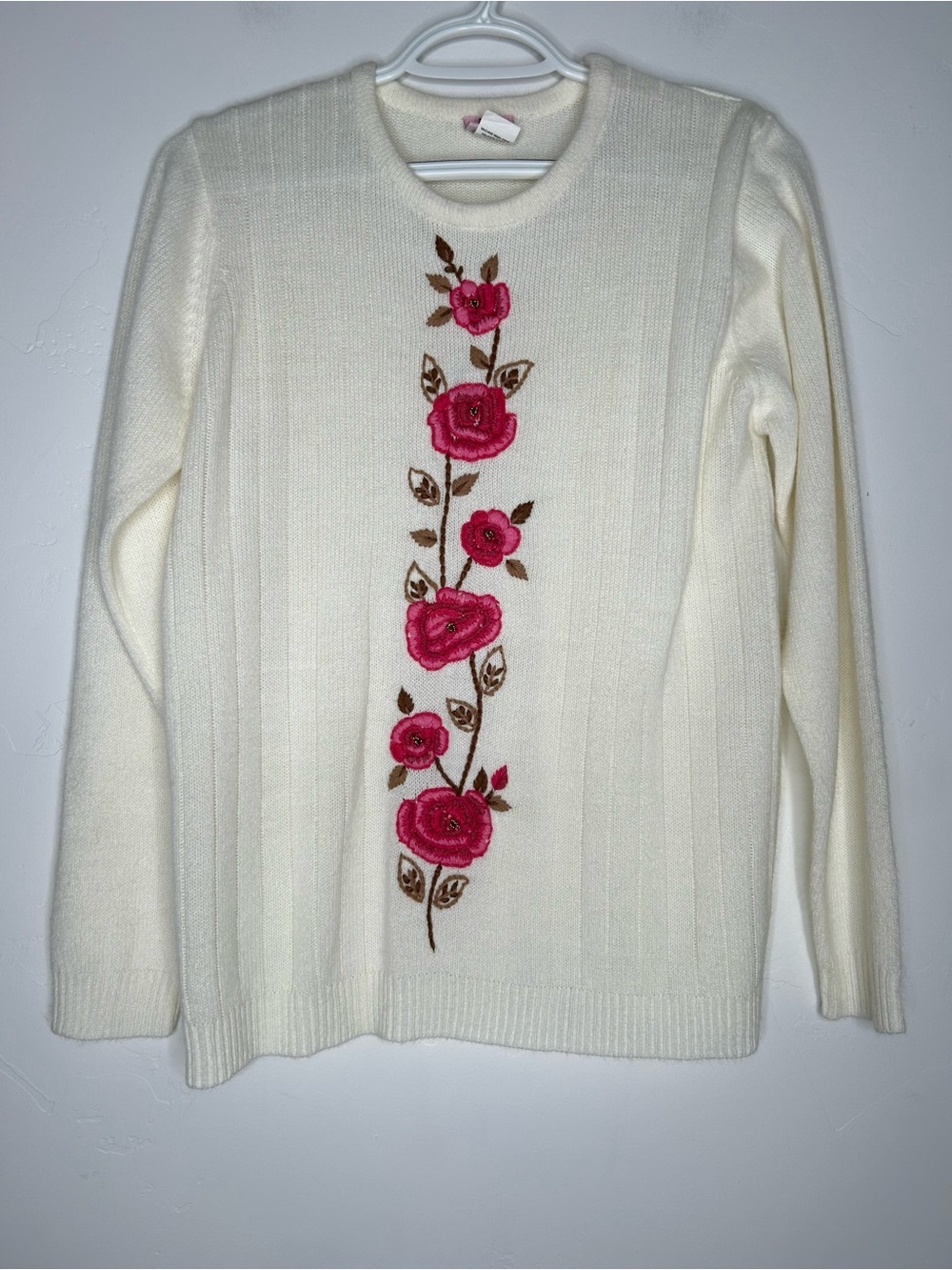 Vintage Cream Floral Pink Rose Embroidered Sweater Size Small Cottagecore Granny
